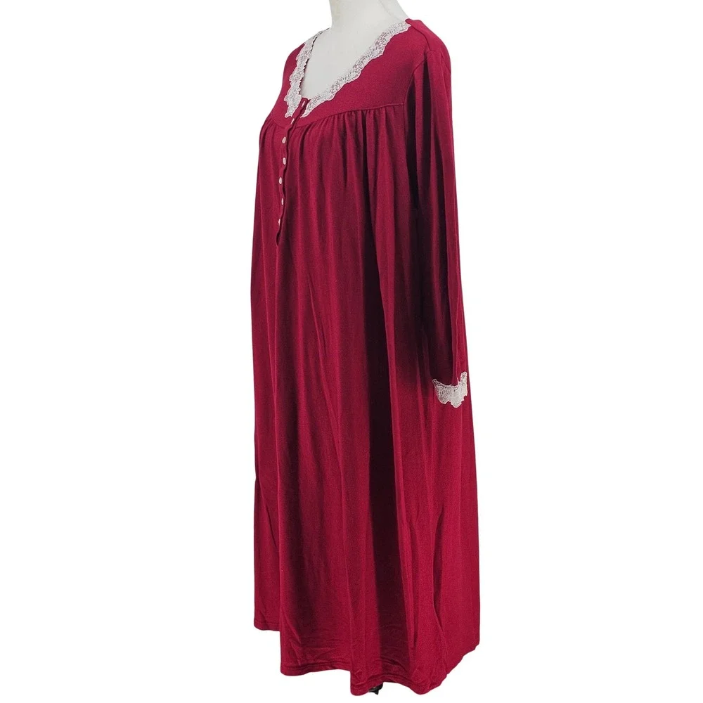 Eileen West Knit Nightgown XL Dark Red Lace Trim Romantic Cottagecore Holiday